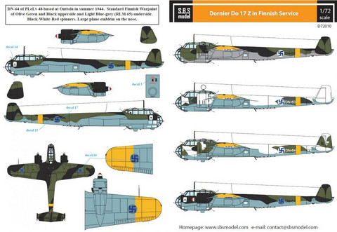 S.B.S model 1/72 Dornier Do-17 Z in Finnish Service siirtokuvat