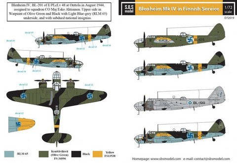 S.B.S model 1/72 Bristol Blenheim Mk.IV in Finnish Service siirtokuvat