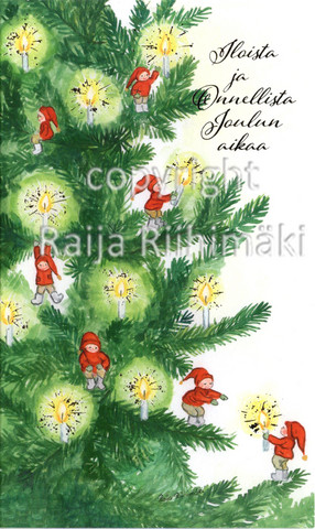 2-osainen joulukortti pikkutontut joulukuusessa