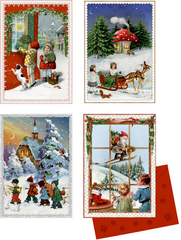 Joulukalenterikortti, nostalginen jouluposti +kirjekuori, lapset ikkunassa