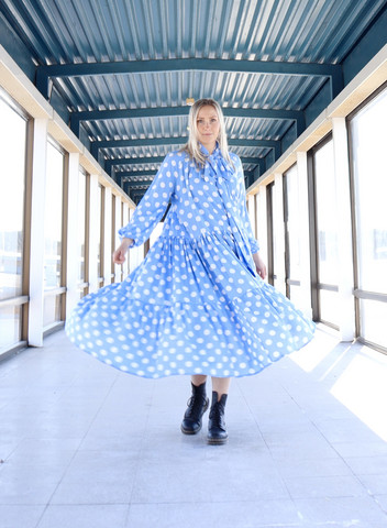 FLOWY- DRESS LONG, POLKA DOTS BLUE