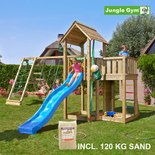 Jungle Gym Mansion leikkitornikokonaisuus ja Climb Module X'tra, 120 kg hiekkaa sekä sininen liukumäki