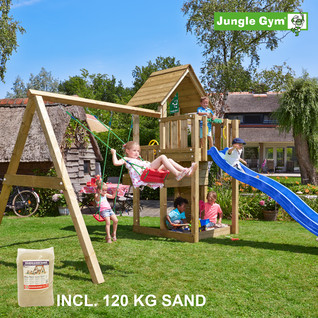 Jungle Gym Cubby leikkitornikokonaisuus ja Swing Module X'tra, 120 kg hiekkaa sekä sininen liukumäki