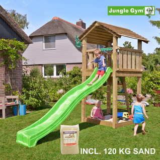 Jungle Gym Cottage leikkitornikokonaisuus ja 120 kg hiekkaa sekä vihreä liukumäki