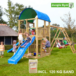 Jungle Gym Farm leikkitornikokonaisuus ja Climb Module X'tra, 120 kg hiekkaa sekä sininen liukumäki