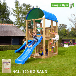 Jungle Gym Farm leikkitornikokonaisuus ja 120 kg hiekkaa sekä sininen liukumäki