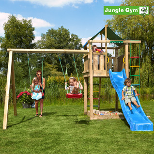 Jungle Gym Lodge leikkitornikokonaisuus ja Swing Module X'tra sekä liukumäki