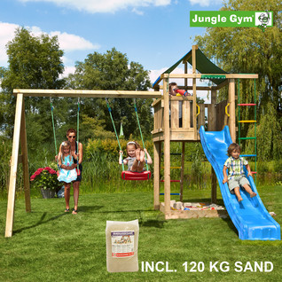 Jungle Gym Lodge leikkitornikokonaisuus ja Swing Module X'tra, 120 kg hiekkaa sekä sininen liukumäki