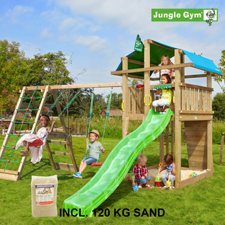 Jungle Gym Fort leikkitornikokonaisuus ja Climb Module X'tra, 120 kg hiekkaa sekä vihreä liukumäki