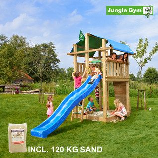Jungle Gym Fort leikkitornikokonaisuus ja 120 kg hiekkaa sekä sininen liukumäki