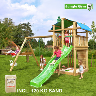 Jungle Gym Fort leikkitornikokonaisuus ja Swing Module X'tra, 120 kg hiekkaa sekä vihreä liukumäki