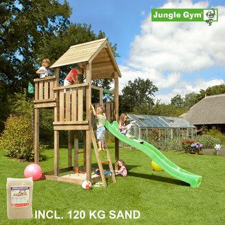 Jungle Gym Palace leikkitornikokonaisuus ja 120 kg hiekkaa sekä vihreä liukumäki