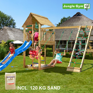 Jungle Gym Cabin leikkitornikokonaisuus ja Climb Module X'tra, 120 kg hiekkaa sekä sininen liukumäki
