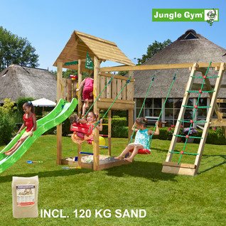 Jungle Gym Cabin leikkitornikokonaisuus ja Climb Module X'tra, 120 kg hiekkaa sekä vihreä liukumäki