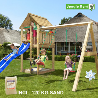 Jungle Gym Cabin leikkitornikokonaisuus ja Swing Module X'tra, 120 kg hiekkaa sekä sininen liukumäki