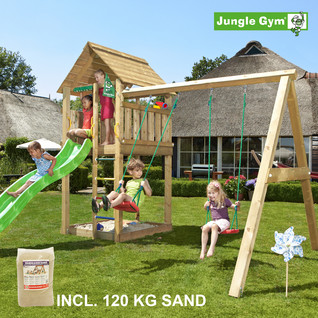 Jungle Gym Cabin leikkitornikokonaisuus ja Swing Module X'tra, 120 kg hiekkaa sekä vihreä liukumäki