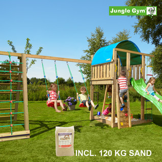Jungle Gym Villa leikkitornikokonaisuus ja Climb Module X'tra, 120 kg hiekkaa sekä vihreä liukumäki