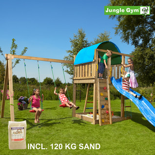 Jungle Gym Villa leikkitornikokonaisuus ja Swing Module X'tra, 120 kg hiekkaa sekä sininen liukumäki