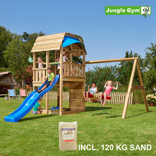 Jungle Gym Barn leikkitornikokonaisuus ja Swing Module X'tra, 120 kg hiekkaa sekä sininen liukumäki