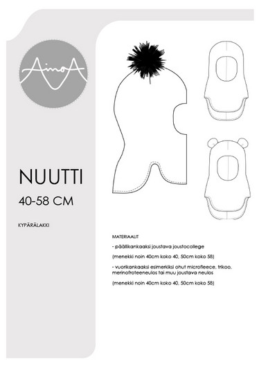 Paperikaava: Nuutti kypärälakki, koot 40-58