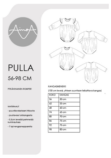 Paperikaava: Pulla romper, koot 56-98cm