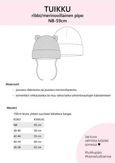 Paperikaava: TUIKKU ribbi-/merinopipo, koot NB-59cm