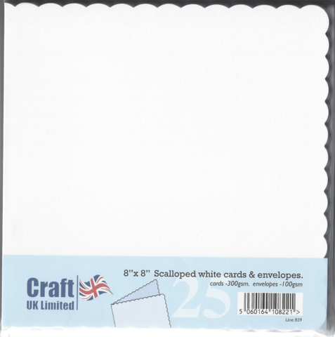 CraftUK korttipohjat ja kirjekuoret, scalloped (piparireuna), valkoinen, 8