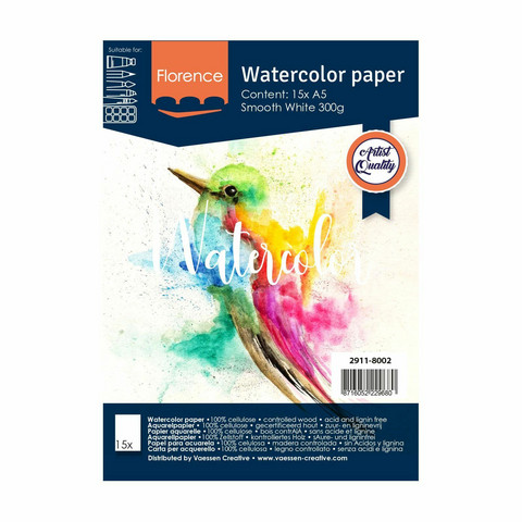 Florence Watercolour -vesiväripaperi, sileä, A5, 15 kpl, valkoinen, 300 g