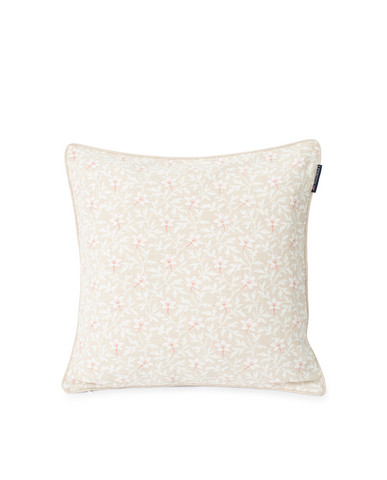 Printed Flower Cotton Canvas Pillow Cover, Light Beige/Pink, Lexington