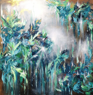 Abstrakti kukka aiheinen maalaus 'katso lähelle, että näet kauas' 90*90cm