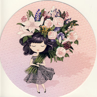 Round card - Girl and bouquet of flowers