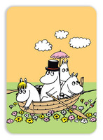 Postcard Moomin - Moomins in a boat in the field
