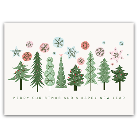 Merry Christmas - kuuset ja lumihiutaleet (kortissa lakkaefektiä)