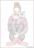 Girl and cat - writing papers (A5, 10s) #1