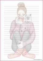 Girl and cat - writing papers (A5, 10s) #1