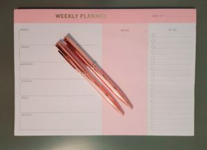 Weekly Planner Pad + 2 Rose Gold -kynää