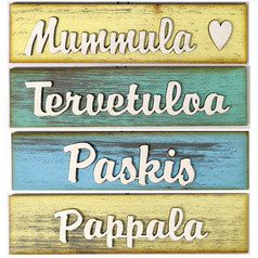 Värikkäät puukyltit. Kurkaa kaikki tekstit ja värit!