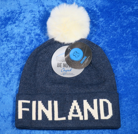 Finland pipo, siniharmaa, valkoinen karvatupsu
