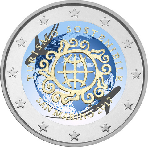 San Marino 2 € 2017 Kestävän matkailun vuosi väritetty