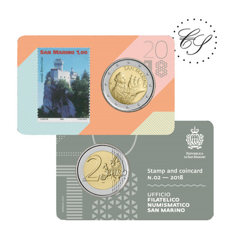 San Marino 2 € 2018 coincard €1,00 postimerkillä