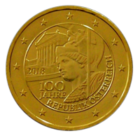 Itävalta 2 € 2018 Itävallan tasavalta 100 vuotta kullattu