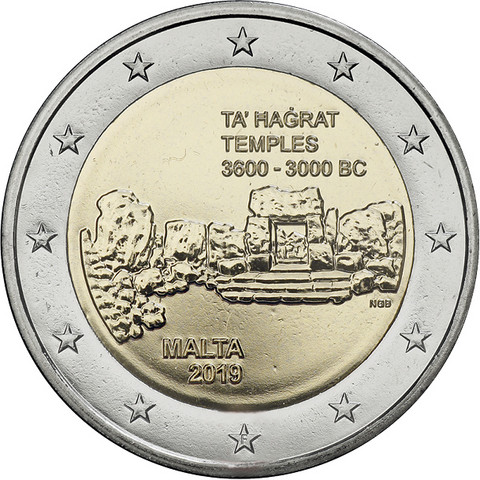 Malta 2 € 2019 Ta' Hagratin temppelit F- merkinnällä BU