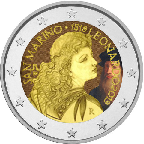 San Marino 2 € 2019 Leonardo da Vinci 500 v. BU väritetty