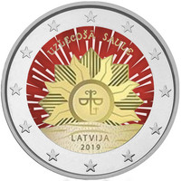 Latvia 2 € 2019 Vaakuna - Nouseva aurinko, väritetty (#1)