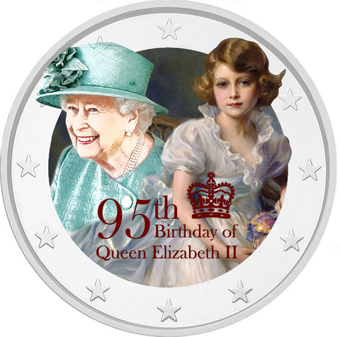 Kuningatar Elisabet II 2 € -juhlaraha, väritetty