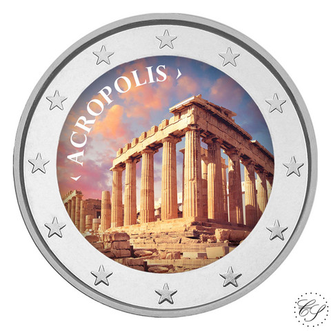 Akropolis-kukkula 2 € 2021 juhlaraha, väritetty