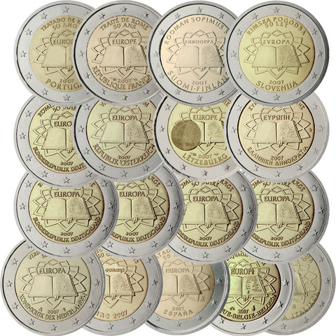 Rooman Sopimus 2 € 2007 kaikki maat, 13 kolikkoa