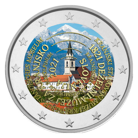 Slovenia 2 € 2021 Carniolan museo 200 vuotta, väritetty (#2)