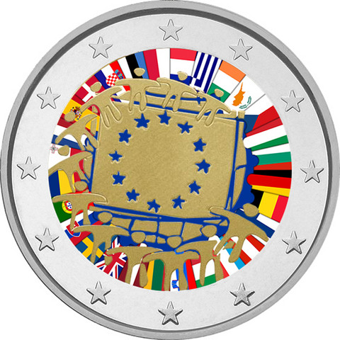 Suomi 2 € 2015 EU:n lippu 30 vuotta väritetty