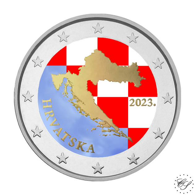 Kroatia 2 € 2023 Kroatian kartta UNC, väritetty (#3) 